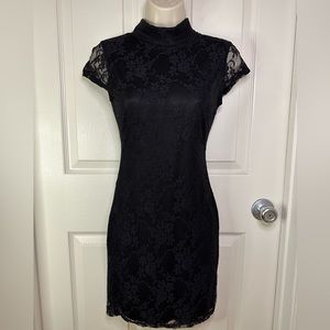 SOLD -Black lace body-con dress with high neck size small